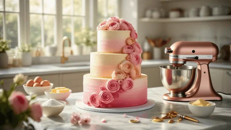 A luxurious three-tiered birthday cake with ombré pink-to-gold buttercream and piped roses is being decorated in a sunlit modern kitchen, featuring a marble countertop with baking ingredients, a rose gold KitchenAid mixer, and fresh flowers, all captured in a photorealistic style with soft focus and warm lighting.