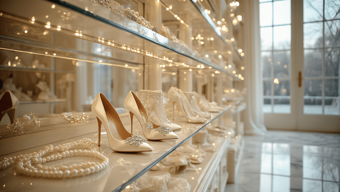 A luxurious bridal boutique showcasing ivory velvet pumps and crystal-embellished boots on illuminated glass shelves, set against marble flooring and warm ambient lighting, with pearl accessories and lace details, captured in a dreamy, romantic style.