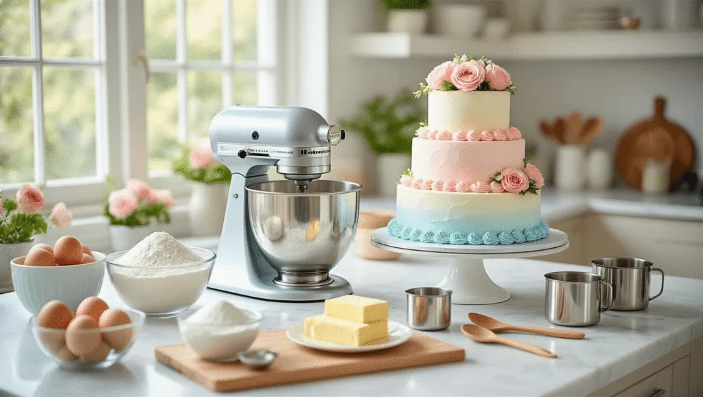 A bright modern kitchen scene with a marble countertop displaying organized baking ingredients, including glass bowls of flour, sugar, eggs, and butter, alongside a stand mixer. In the background, a decorated three-tier birthday cake with pastel rosettes and flowers is elegantly presented. The image features a soft bokeh effect and dramatic lighting, capturing a photorealistic culinary atmosphere.