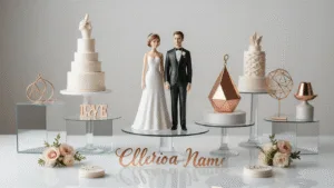 An elegant display of diverse wedding cake toppers on mirrored glass pedestals, featuring a classic bride and groom figurine, modern geometric designs, wooden monograms, and intricate metal wire sculptures, all captured in high-key lighting with a soft gradient background.