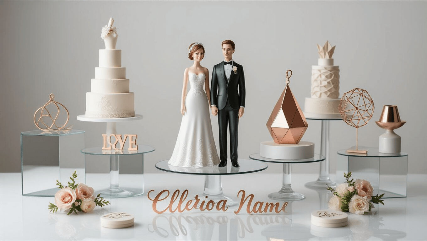 An elegant display of diverse wedding cake toppers on mirrored glass pedestals, featuring a classic bride and groom figurine, modern geometric designs, wooden monograms, and intricate metal wire sculptures, all captured in high-key lighting with a soft gradient background.