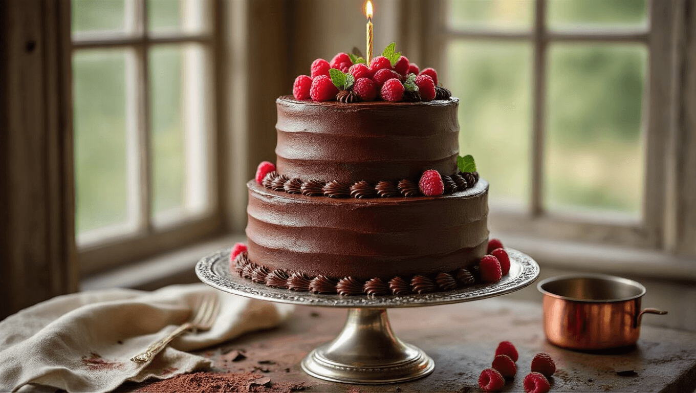 A luxurious two-tiered chocolate cake with dark ganache frosting, adorned with chocolate shavings, red raspberries, and mint leaves, displayed on a vintage silver stand with dramatic side lighting and a rustic wooden table background.