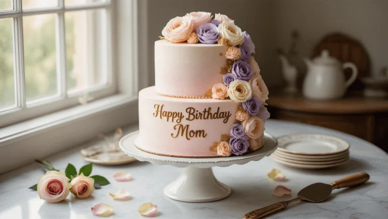 A stunning two-tier birthday cake on an antique white ceramic stand, featuring pastel pink buttercream frosting, piped flowers in lavender and blush, gold lettering saying "Happy Birthday Mom," surrounded by vintage baking tools, rose petals, and fresh garden roses on a marble countertop, with soft natural lighting and a blurred background.