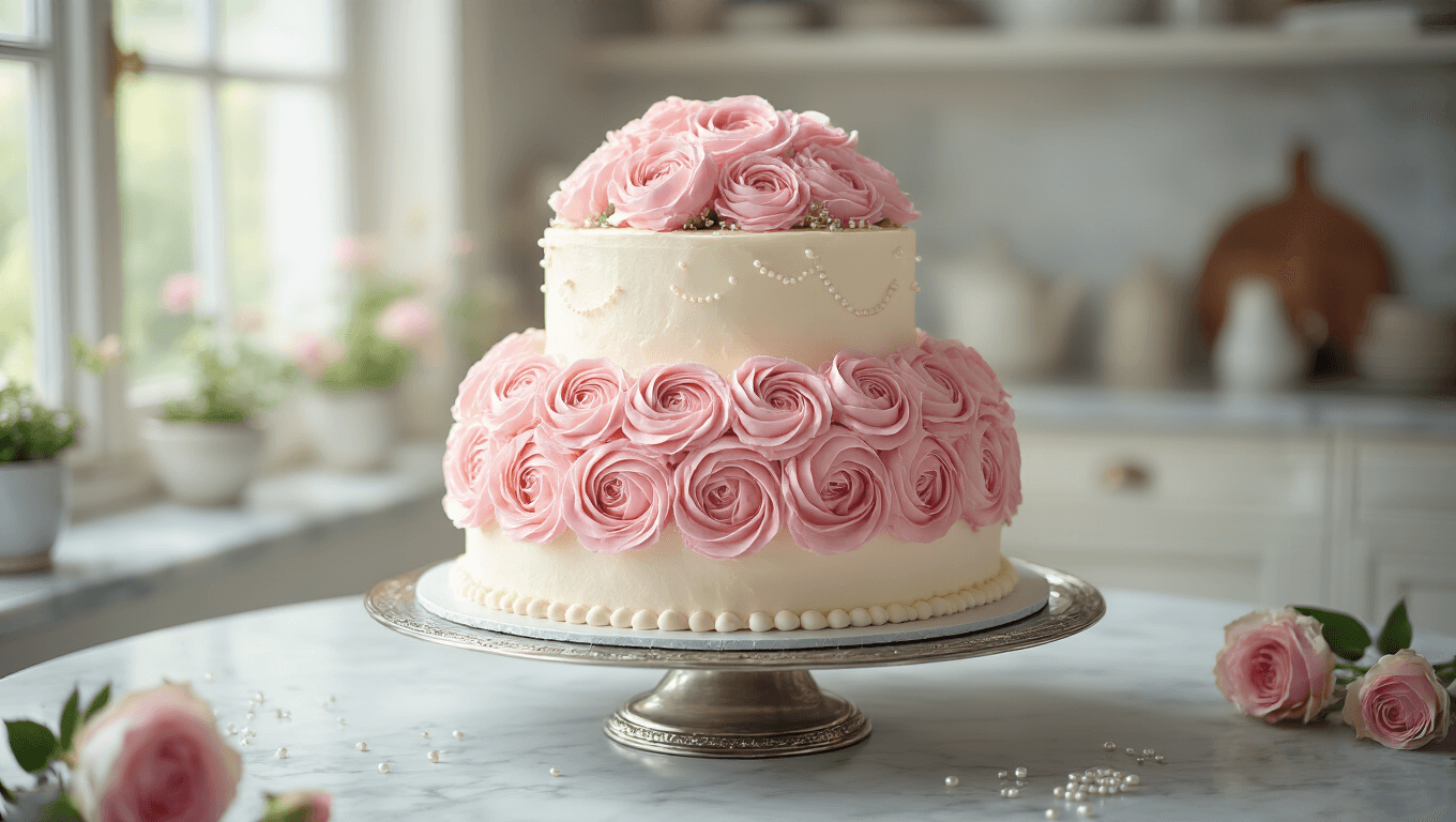 Elegant two-tier birthday cake with white buttercream frosting, pink rosettes, and fresh garden roses on a vintage silver stand, softly lit in a modern kitchen.