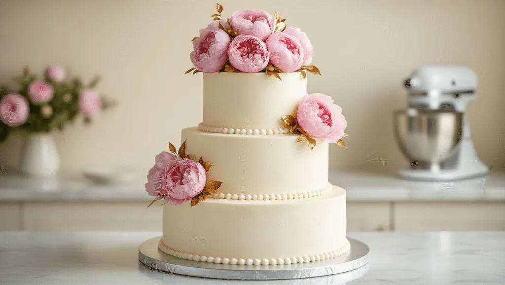 Photorealistic three-tiered wedding cake with cream cheese frosting, adorned with pink peonies and gold leaf accents, on a silver stand against a soft cream background.