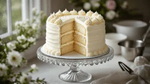 Photorealistic two-layer white birthday cake on a crystal stand, featuring silky vanilla buttercream frosting, decorative piping, and a clean slice revealing its pristine white interior. Soft shadows from natural light enhance its texture, with blurred flowers and vintage baking tools in the background.