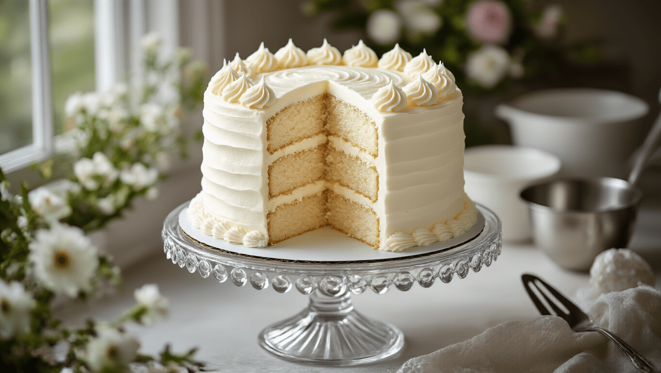 Photorealistic two-layer white birthday cake on a crystal stand, featuring silky vanilla buttercream frosting, decorative piping, and a clean slice revealing its pristine white interior. Soft shadows from natural light enhance its texture, with blurred flowers and vintage baking tools in the background.