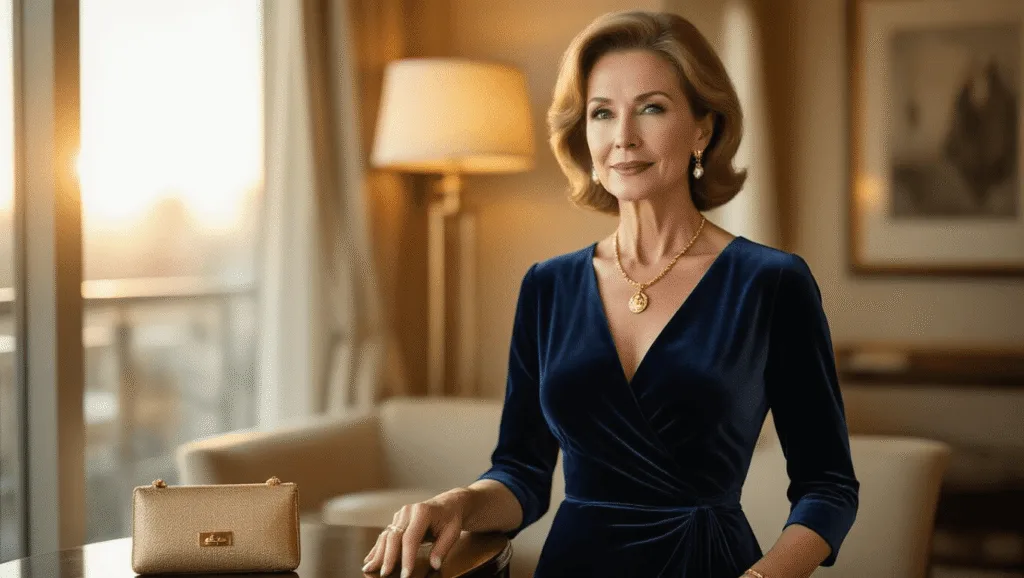 Sophisticated mature woman in a navy velvet wrap dress, sitting elegantly in a sunlit luxury hotel suite, with gold accessories and a warm, sophisticated ambiance.