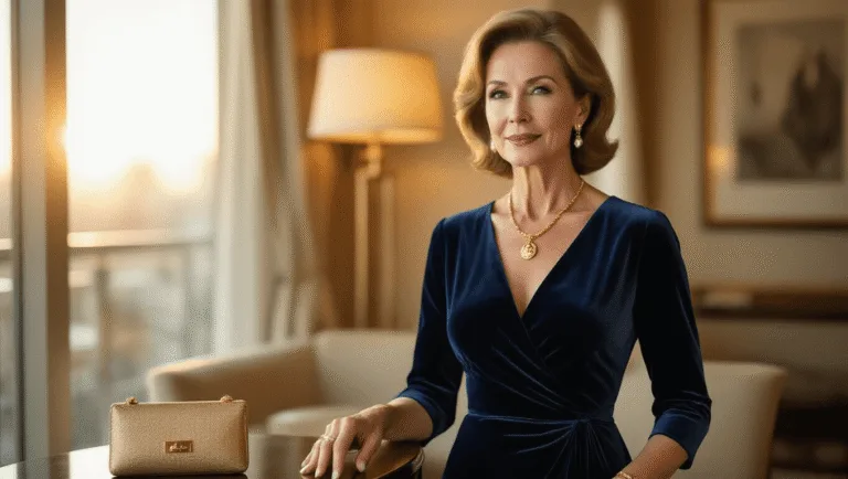 Sophisticated mature woman in a navy velvet wrap dress, sitting elegantly in a sunlit luxury hotel suite, with gold accessories and a warm, sophisticated ambiance.