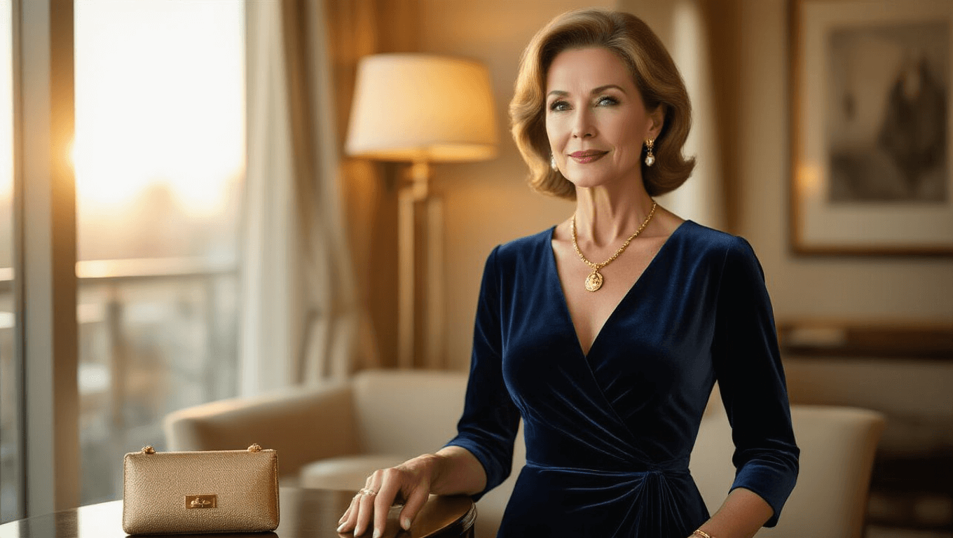 Sophisticated mature woman in a navy velvet wrap dress, sitting elegantly in a sunlit luxury hotel suite, with gold accessories and a warm, sophisticated ambiance.