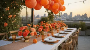 A luxurious rooftop terrace at golden hour with a long farmhouse table set for a celebration, featuring brass compotes of flowers, gold and white dinnerware, and orange balloons against a soft-focus city skyline.