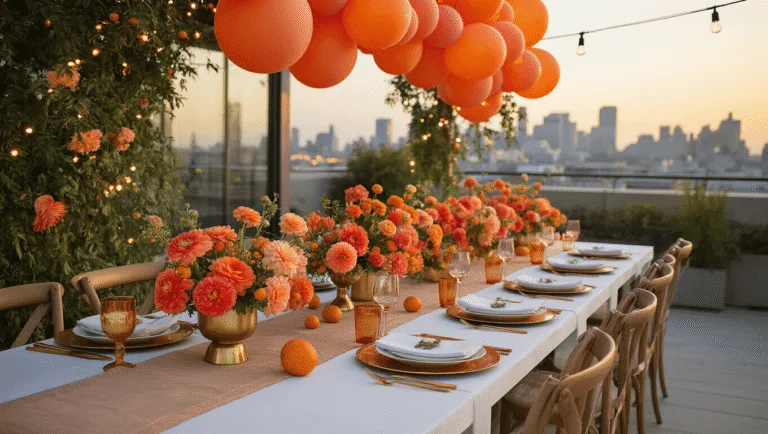 A luxurious rooftop terrace at golden hour with a long farmhouse table set for a celebration, featuring brass compotes of flowers, gold and white dinnerware, and orange balloons against a soft-focus city skyline.