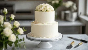 Photorealistic assembly of a two-tier wedding cake in a professional bakery, featuring a 6-inch top tier and 9-inch bottom tier adorned with pearl-white swiss meringue buttercream, fresh white garden roses, and subtle gold leaf accents, set on a silver cake stand against a marble countertop, with soft afternoon light casting gentle shadows, showcasing high-end cake decorating tools and intricate texturing techniques.