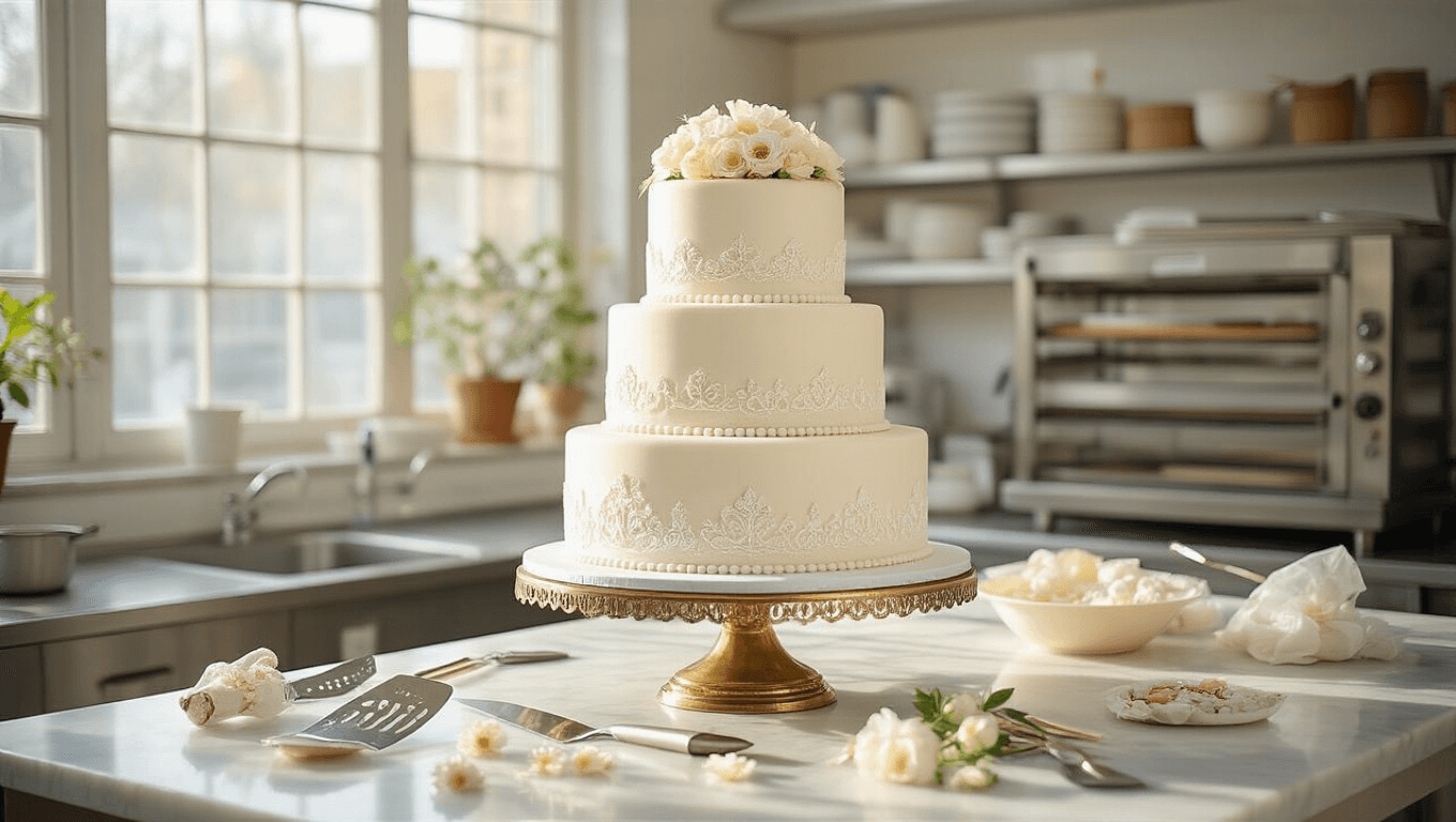 Cinematic view of a sunlit professional bakery kitchen with a three-tiered white wedding cake adorned with pearl-white fondant and Victorian lace patterns, surrounded by baking tools and natural light casting soft shadows.