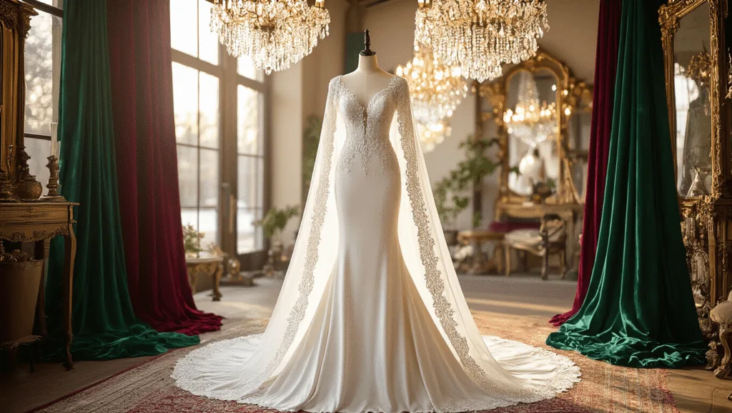 An elegant bridal boutique showcasing a floor-length white velvet wedding gown with intricate beading and a cathedral-length cape, illuminated by warm afternoon light through large windows, surrounded by jewel-toned fabrics and vintage decor.