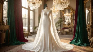 An elegant bridal boutique showcasing a floor-length white velvet wedding gown with intricate beading and a cathedral-length cape, illuminated by warm afternoon light through large windows, surrounded by jewel-toned fabrics and vintage decor.