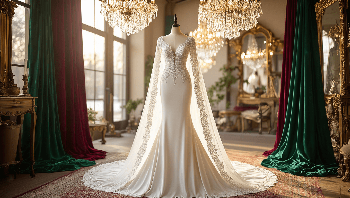 An elegant bridal boutique showcasing a floor-length white velvet wedding gown with intricate beading and a cathedral-length cape, illuminated by warm afternoon light through large windows, surrounded by jewel-toned fabrics and vintage decor.