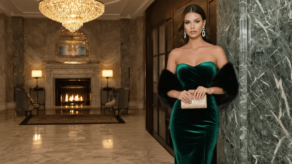 A sophisticated woman in an emerald velvet gown stands in a luxurious hotel lobby, featuring a marble fireplace and a golden chandelier, complemented by crystal earrings, a metallic clutch, and a faux fur wrap under warm lighting.