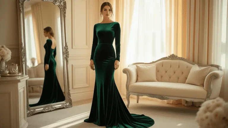 Floor-length emerald green velvet gown in a luxurious cream-colored fitting room, featuring long sleeves and a subtle train, with warm light filtering through sheer curtains, a plush cream settee, and delicate accessories reflecting in an ornate silver-framed mirror.