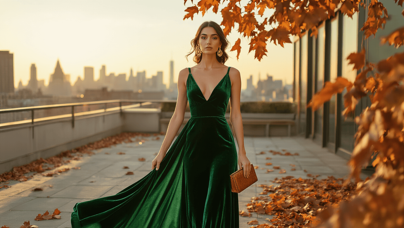 Model in an emerald green velvet dress on a sunlit rooftop terrace, accessorized with vintage gold earrings and a bronze clutch, surrounded by autumn leaves and a warm city skyline at golden hour.
