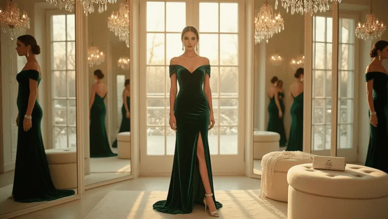 A sophisticated woman in an emerald green velvet gown poses in a luxury boutique dressing room, illuminated by warm golden light, with crystal chandeliers and surrounding mirrors reflecting her elegant style and winter wedding accessories.