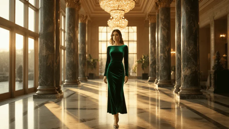 A woman in an emerald velvet midi dress stands in an opulent hotel lobby, bathed in warm golden light from tall windows, surrounded by sparkling chandeliers and ornate marble columns.