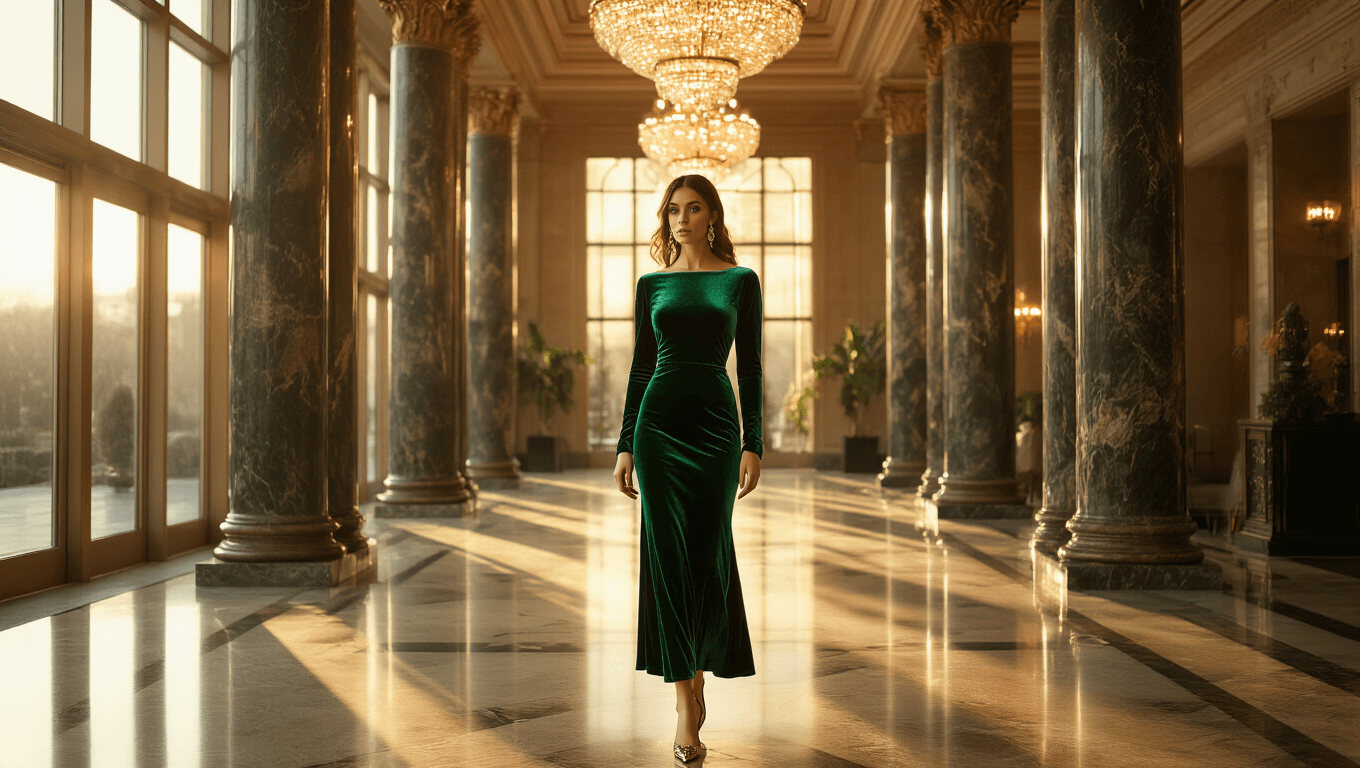 A woman in an emerald velvet midi dress stands in an opulent hotel lobby, bathed in warm golden light from tall windows, surrounded by sparkling chandeliers and ornate marble columns.