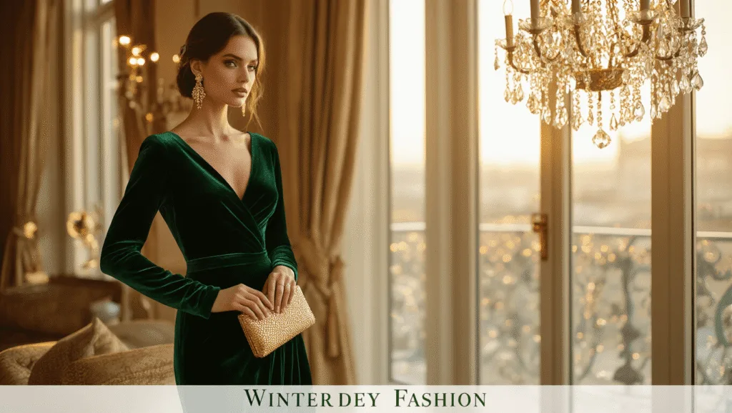 Model in emerald velvet gown by large windows in hotel suite, wearing gold earrings, holding gold clutch, warm golden light creating dreamy bokeh.