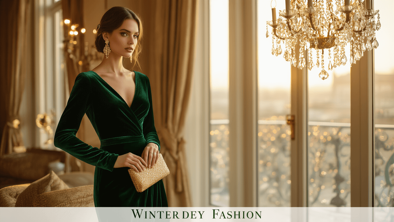 Model in emerald velvet gown by large windows in hotel suite, wearing gold earrings, holding gold clutch, warm golden light creating dreamy bokeh.