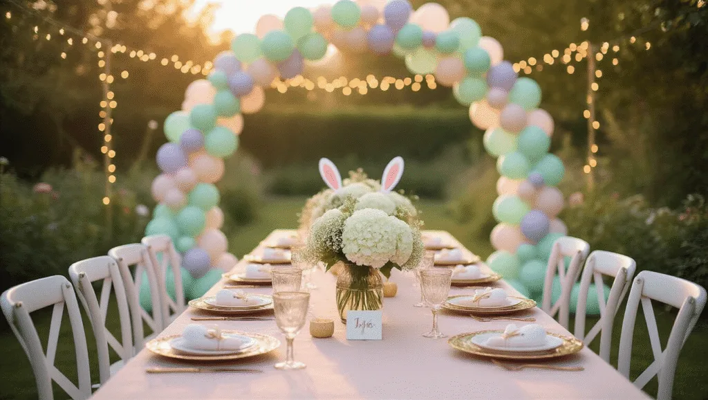 A wide-angle shot of an enchanted garden party at golden hour, featuring a long farmhouse table adorned with blush pink linen and white floral centerpieces, surrounded by pastel balloon arches, bunny-ear slipcovers, and warm fairy lights, all set against a backdrop of climbing roses and ivy.