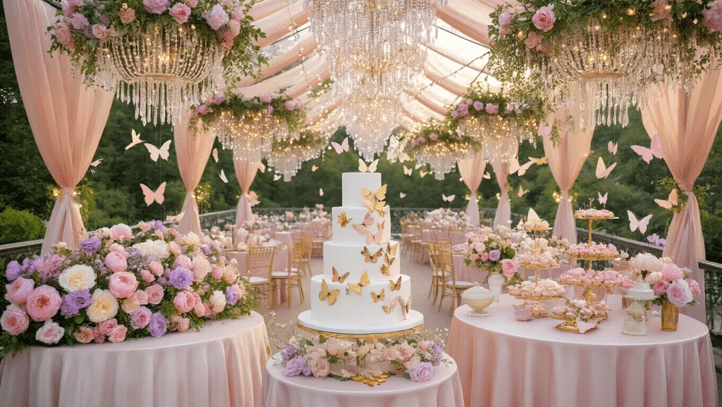 A luxurious butterfly-themed garden party terrace at golden hour, featuring blush silk tables, cascading floral centerpieces, crystal chandeliers with fairy lights, iridescent butterflies, a three-tiered cake, and vintage birdcages, all captured in warm, dreamy lighting.