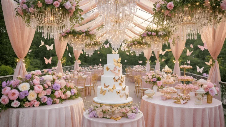 A luxurious butterfly-themed garden party terrace at golden hour, featuring blush silk tables, cascading floral centerpieces, crystal chandeliers with fairy lights, iridescent butterflies, a three-tiered cake, and vintage birdcages, all captured in warm, dreamy lighting.