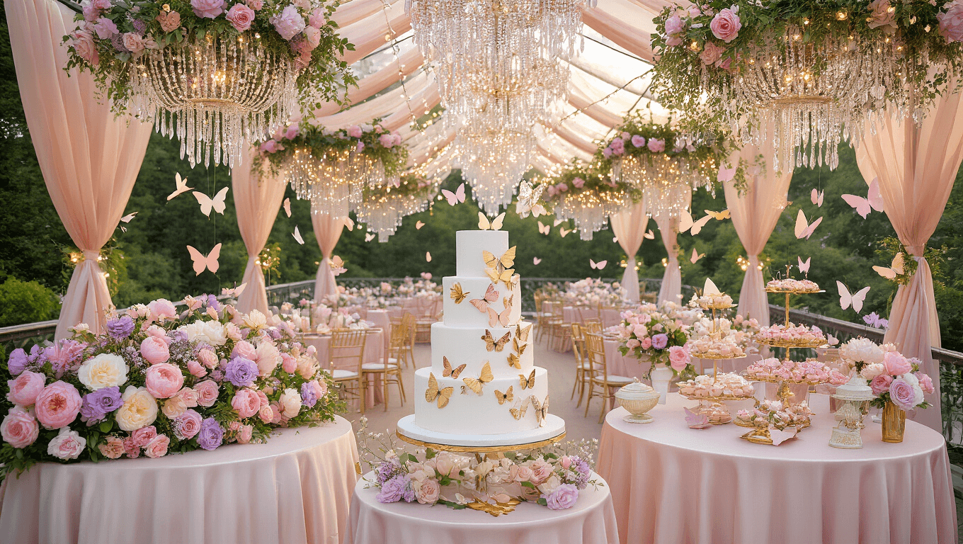 A luxurious butterfly-themed garden party terrace at golden hour, featuring blush silk tables, cascading floral centerpieces, crystal chandeliers with fairy lights, iridescent butterflies, a three-tiered cake, and vintage birdcages, all captured in warm, dreamy lighting.
