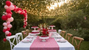 Cherry Birthday Bash: A Sweet and Stylish Party Guide A dreamy outdoor garden party setup at golden hour features a long farmhouse table adorned with white linen and red gingham runners, topped with cherry desserts, surrounded by vintage chairs, fairy lights, and floral arrangements, with a styled dessert station showcasing a three-tiered white cake.
