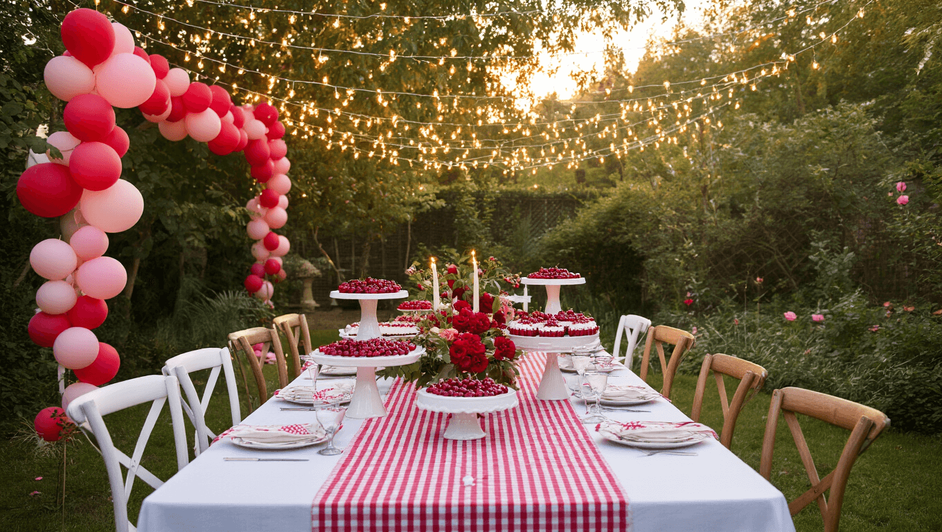 A dreamy outdoor garden party setup at golden hour features a long farmhouse table adorned with white linen and red gingham runners, topped with cherry desserts, surrounded by vintage chairs, fairy lights, and floral arrangements, with a styled dessert station showcasing a three-tiered white cake.