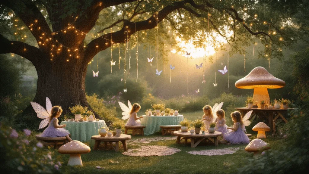 Photorealistic image of a magical backyard fairy party at golden hour, featuring intimate seating areas with vintage teapots, handcrafted mushroom lanterns, and children crafting flower crowns under an ethereal tulle canopy.