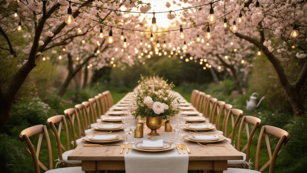 Cinematic wide-angle shot of an enchanted garden birthday party during golden hour, featuring a long farmhouse table beneath cherry blossom trees, adorned with vintage china, crystal glassware, warm string lights, and wildflower centerpieces, with a rustic dessert cart and a floral-covered photo backdrop.