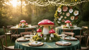 A dreamy garden party setup featuring round tables with moss-green velvet linens, oversized red and white spotted toadstools, and whimsical woodland decorations, all illuminated by string lights during golden hour.