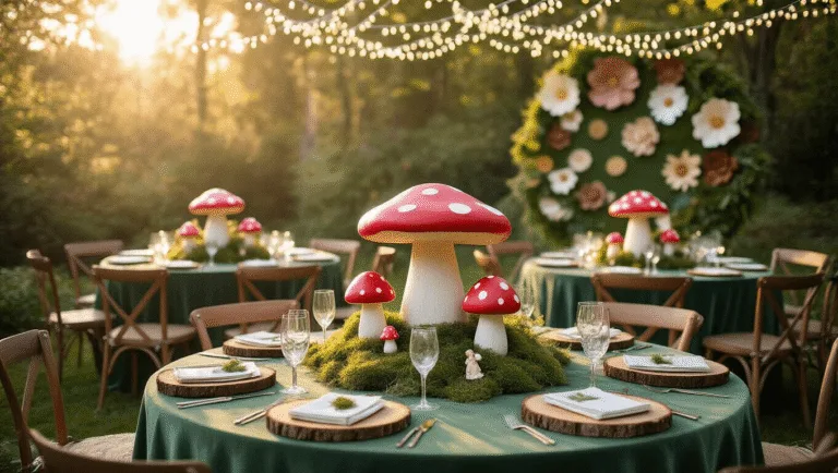 A dreamy garden party setup featuring round tables with moss-green velvet linens, oversized red and white spotted toadstools, and whimsical woodland decorations, all illuminated by string lights during golden hour.