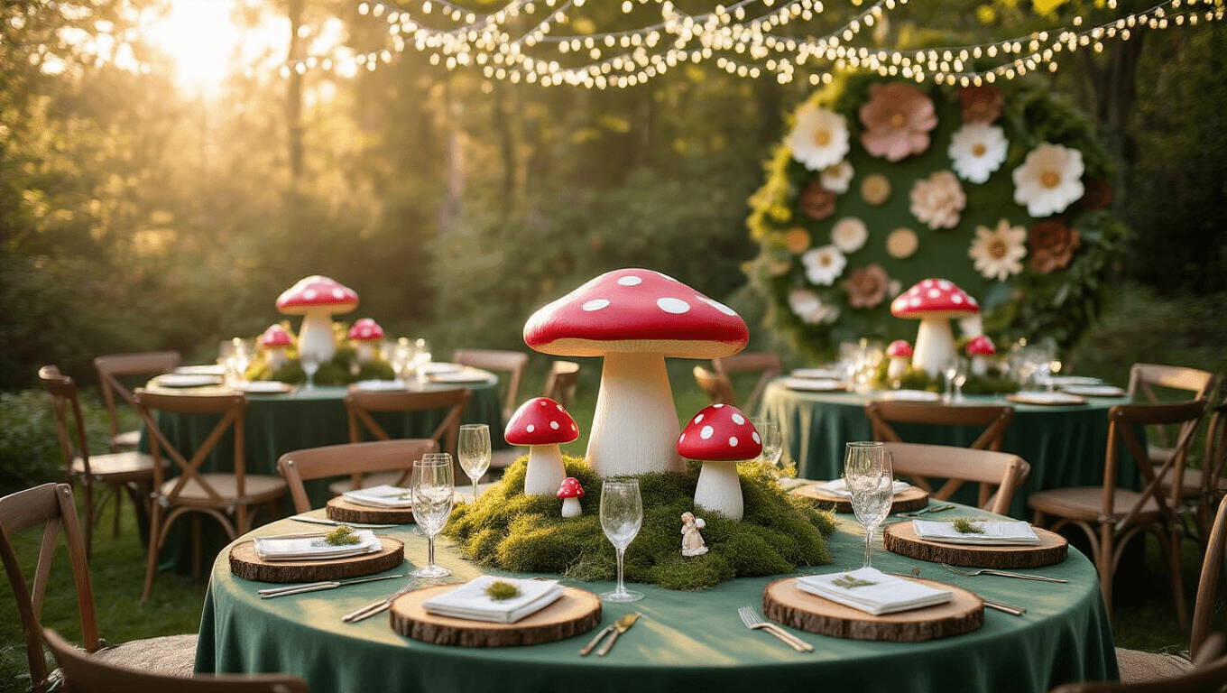 A dreamy garden party setup featuring round tables with moss-green velvet linens, oversized red and white spotted toadstools, and whimsical woodland decorations, all illuminated by string lights during golden hour.