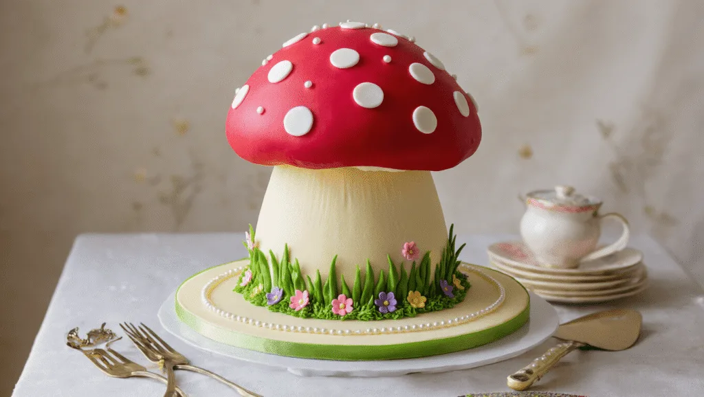 A whimsical toadstool-shaped birthday cake with a smooth red fondant cap and white polka dots, adorned with green fondant grass, pastel flowers, delicate fairy figurines, and a trail of edible glitter, all set against a softly blurred pastel background.