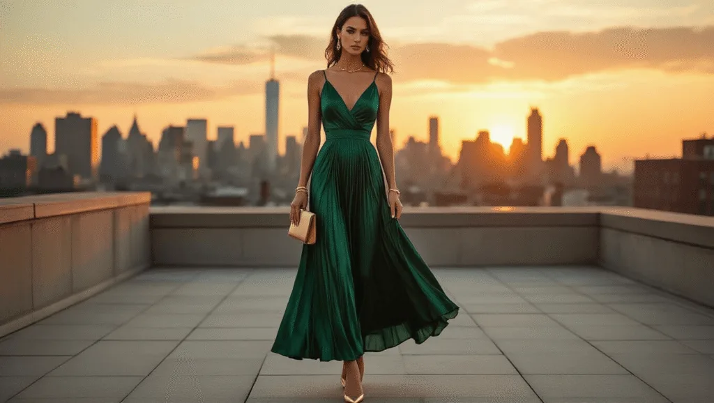 Model in an emerald green satin midi dress with pleating, standing on an urban rooftop during golden hour, styled with gold jewelry, nude pumps, and a leather clutch, with a city skyline and dramatic evening sky in the background.