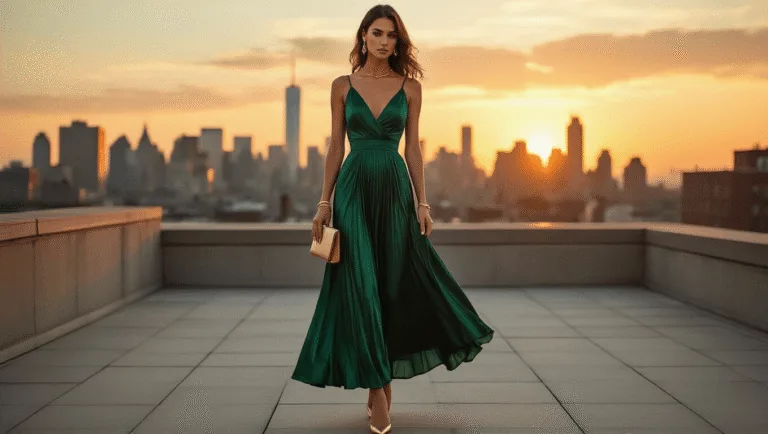 Model in an emerald green satin midi dress with pleating, standing on an urban rooftop during golden hour, styled with gold jewelry, nude pumps, and a leather clutch, with a city skyline and dramatic evening sky in the background.