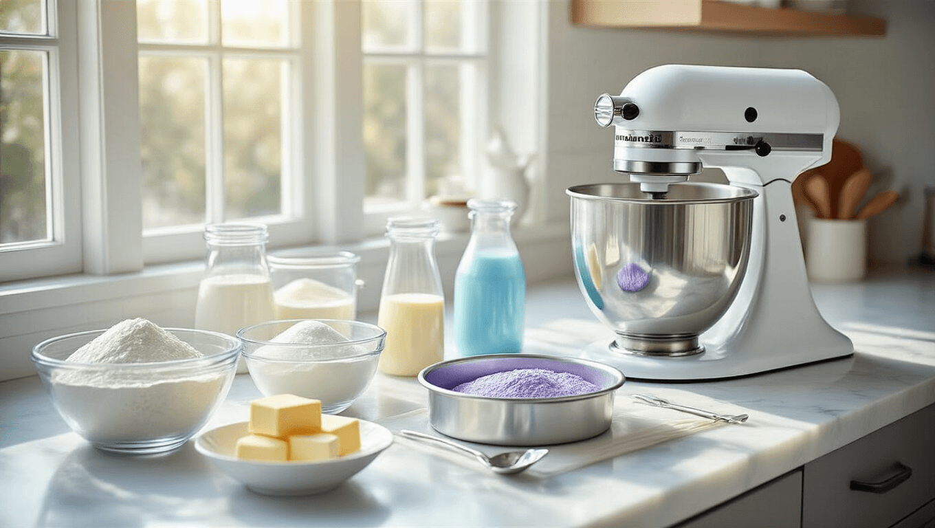 Photorealistic kitchen setup with a white marble countertop featuring organized ingredients for a Frozen-themed cake, including measured components in glass bowls, cake pans, a KitchenAid mixer, food colorings, fondant tools, and edible decorations, all illuminated by natural light.