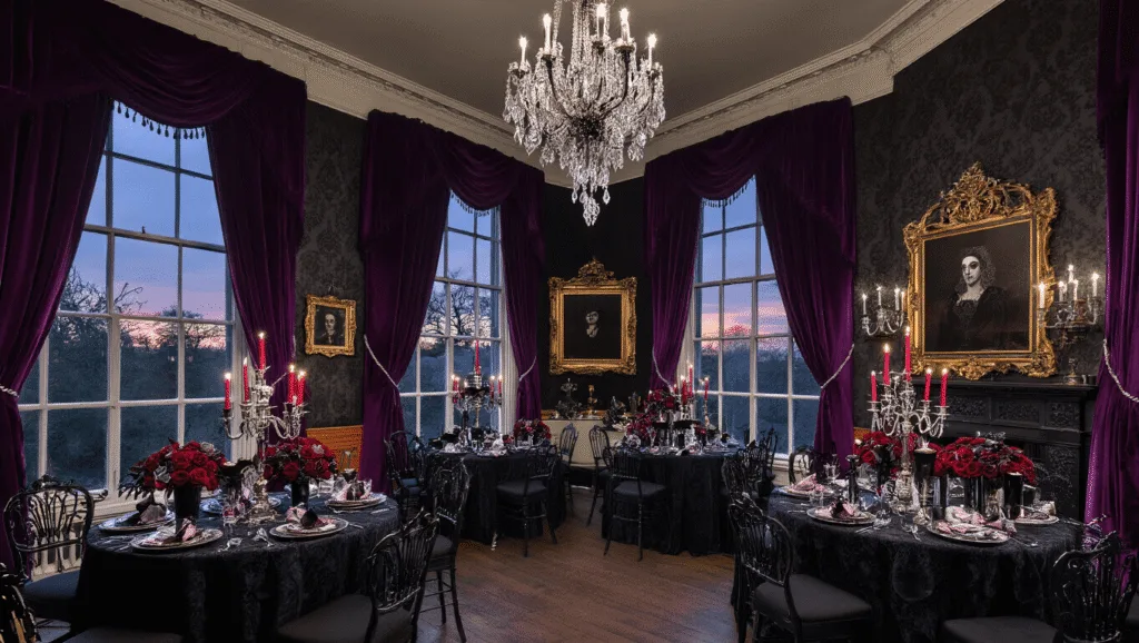 A luxurious Victorian parlor decorated for an upscale Halloween birthday party, featuring deep purple velvet drapes, black crystal chandeliers, and elegantly arranged tables with candelabras and flowers, highlighted by moody lighting and vintage portraits.