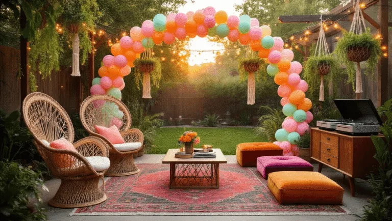 A vibrant 1970s-inspired backyard party scene at golden hour, featuring a pastel balloon arch, rattan peacock chairs, macramé plant hangers, and a dessert table with a disco ball centerpiece, surrounded by party-goers in bell-bottom jeans and flower crowns, all illuminated by warm fairy lights.
