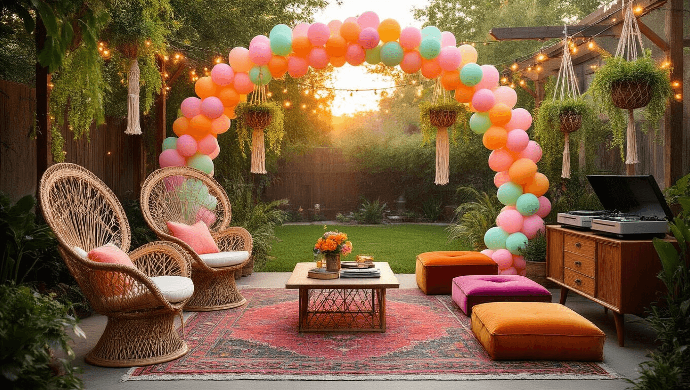 A vibrant 1970s-inspired backyard party scene at golden hour, featuring a pastel balloon arch, rattan peacock chairs, macramé plant hangers, and a dessert table with a disco ball centerpiece, surrounded by party-goers in bell-bottom jeans and flower crowns, all illuminated by warm fairy lights.