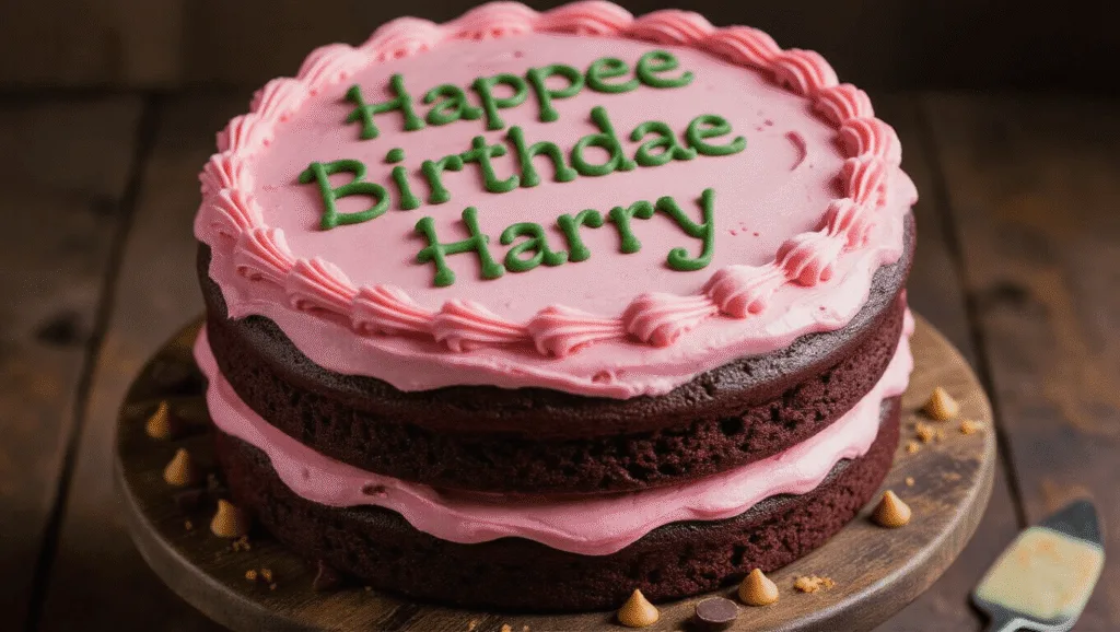 A rustic two-layer chocolate birthday cake with uneven pink buttercream frosting, decorated with wobbly green piped text saying "Happee Birthdae Harry," set on a distressed wooden cake stand with scattered butterscotch chips and chocolate crumbs. Soft magical lighting creates a moody atmosphere, with out-of-focus copper mixing bowls in the background.