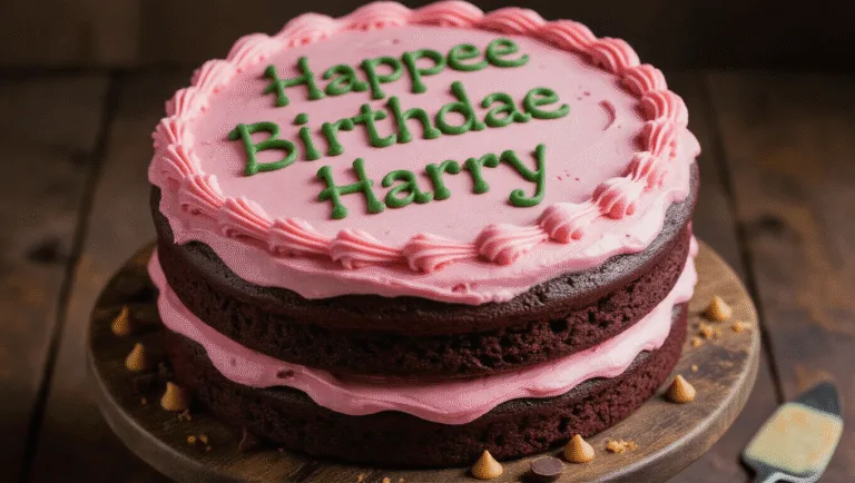 A rustic two-layer chocolate birthday cake with uneven pink buttercream frosting, decorated with wobbly green piped text saying "Happee Birthdae Harry," set on a distressed wooden cake stand with scattered butterscotch chips and chocolate crumbs. Soft magical lighting creates a moody atmosphere, with out-of-focus copper mixing bowls in the background.