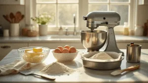 A bright kitchen scene featuring baking ingredients for a vanilla cake, including softened butter, farm-fresh eggs, and flour, with a stand mixer, cake pan, and baking tools arranged artfully on a marble countertop, illuminated by morning sunlight.